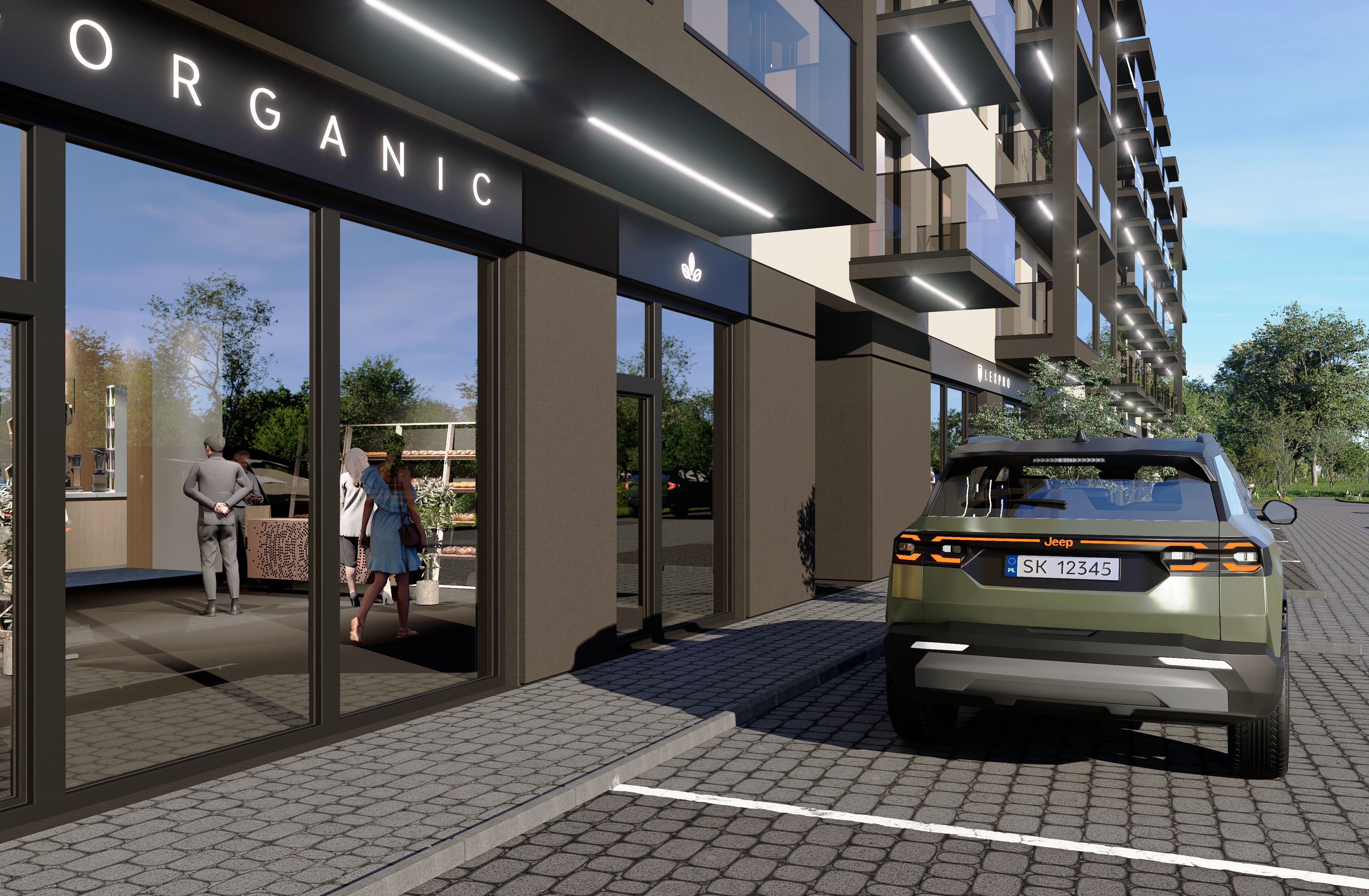 Lokal usługowy — wejście i strefa parkingowa